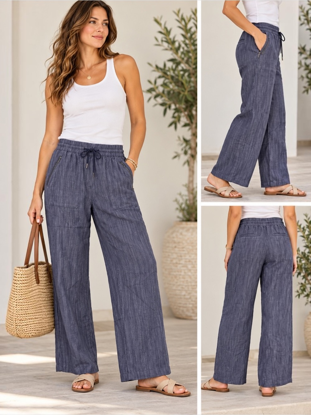 Athleta Retreat Linen High Rise Wide Leg Pants Blue Gray Size S 100% Linen